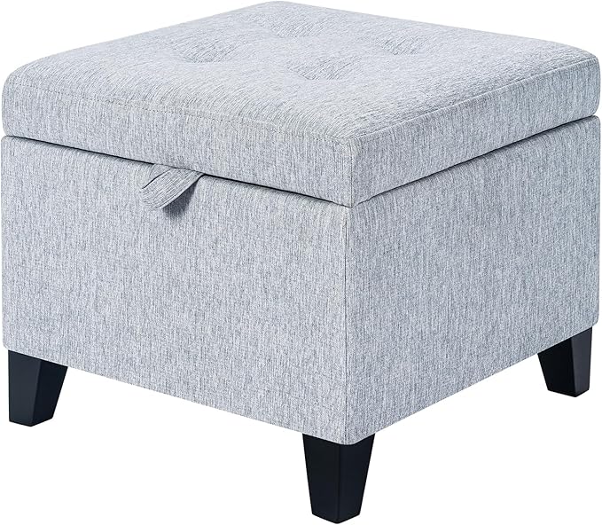 Adeco 18 Inch High Cube Ottoman Storage, Linen Chair Foot Stools, Upholstered Vanity Stool with Hinged Lid, Solid Wood Legs-DeskLoop Office