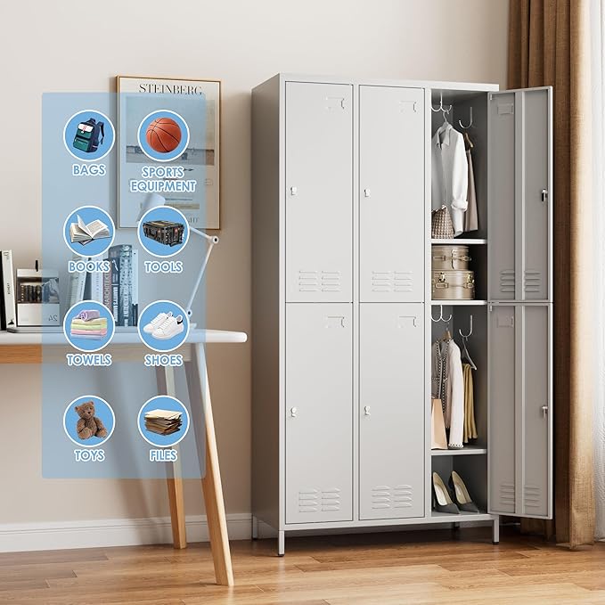 6 Doors Metal Locker with Business Card Holder,Metal Locker for Employees with 18 Hooks for School Garage Office Gym Home,Assembly Required,Light Grey-DeskLoop Office