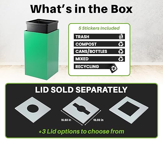 Alpine Commercial Indoor Recycle Bin - 29 Gallon Modern Looking Green Recycle Bin, Office Recycling Bins, Metal Trash and Recycling Container with Stickers & 3 Optional Lids (lid Sold Separately)-DeskLoop Office