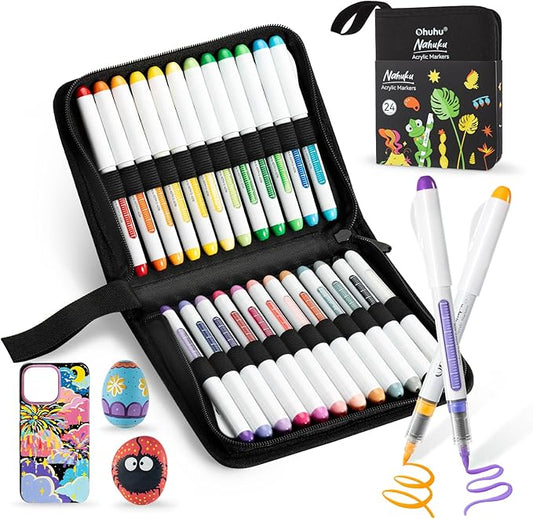 Ohuhu Acrylic Paint Markers Brush Tip 24 Colors Automatic Ink Control Acrylic by Ohuhu