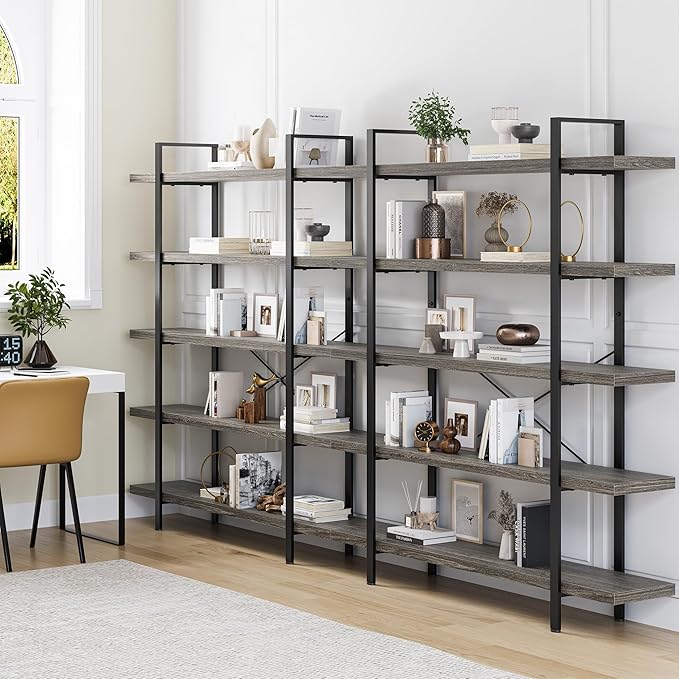 Heavy Duty 5-Tier Industrial Bookcase, 47" Wide Wood Bookshelf for Home Office, 120lbs Shelf Capacity, Rustic Shelving Display with Reinforced Horizontal Shelf for Living Room Bedroom,Grey-DeskLoop Office