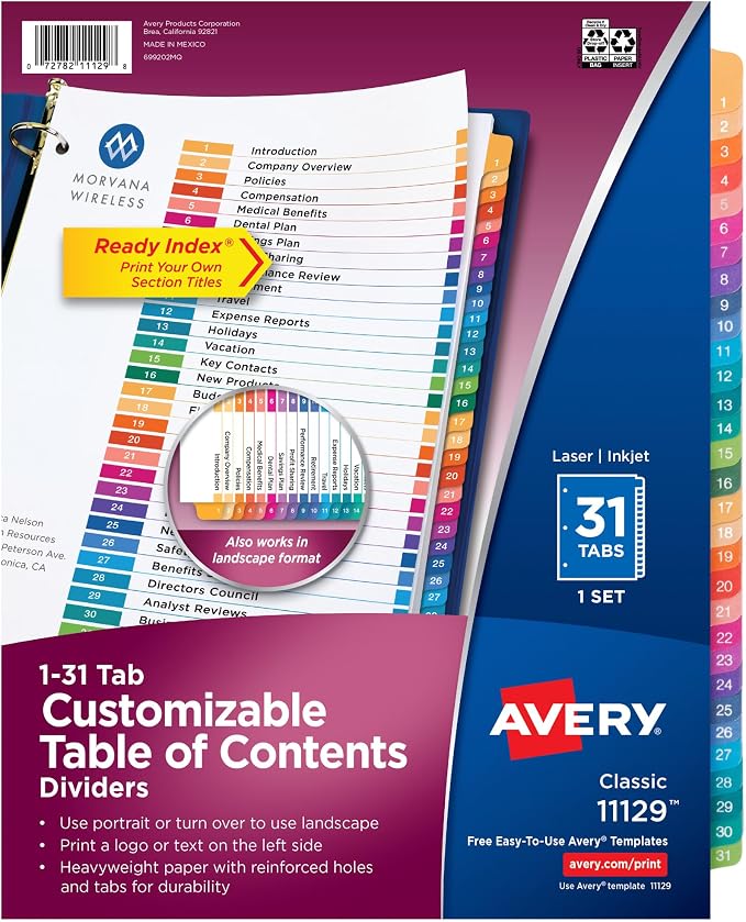 Avery 1-31 Dividers for 3 Ring Binders, 31 Tabs per Set, Customizable Table of by Avery