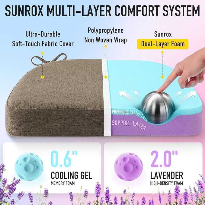 SUNROX Cooling Gel Memory Foam Chair Cushions, 2.6" Thick U-Shaped Dual-Layer - Image 2