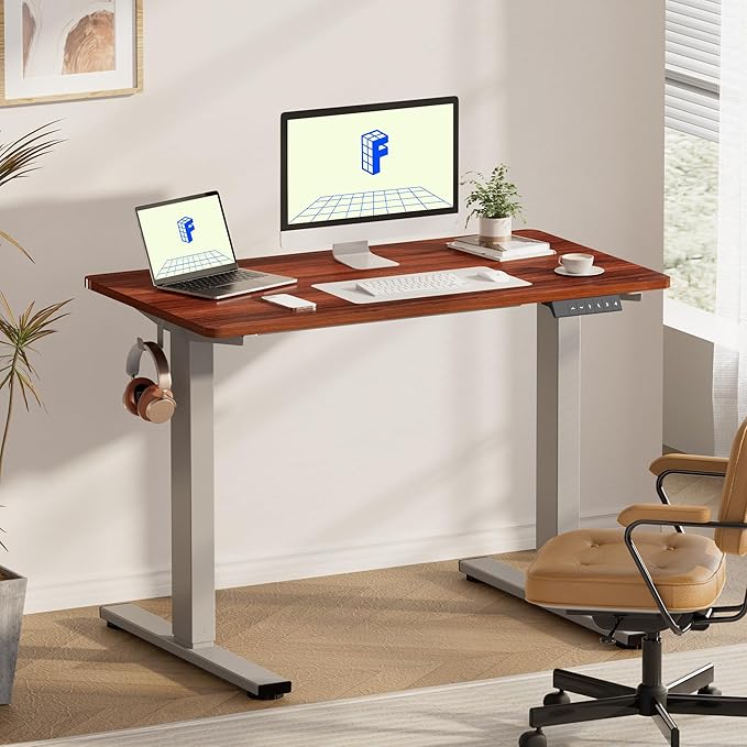 FLEXISPOT EN1 Whole-Piece Standing Desk, 48 x 30 Inches Electric Adjustable Desk for Home Office (Silver Frame + 48 in Mahogany Top, 2 Packages)-DeskLoop Office