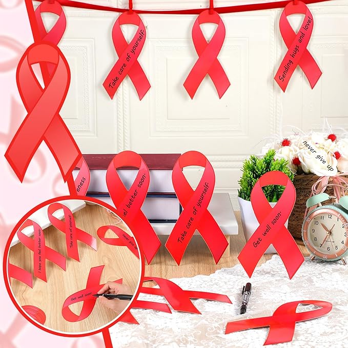 Kosiz 100 Pack Large Red Ribbon Awareness Set 100 Red Ribbon Week Cutouts Drug Free Heart Disease HIV Aids Awareness Items 2 Marker Pens 100 Wooden Clips with Rope for Public Charity Party Supplies-DeskLoop Office