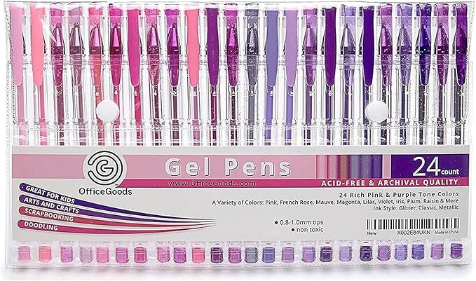 OfficeGoods Pink Purple Gel Pens with Refills – Pastel Adult Coloring Art – Medium 0.8-1.0mm Tips – Non-Toxic Gel Pens Set – Quick Dry Smudge-Free 24 Pack Colors-DeskLoop Office