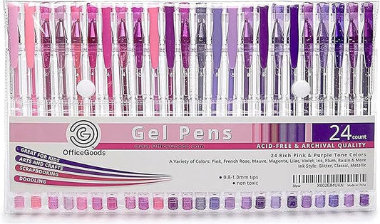OfficeGoods Pink Purple Gel Pens with Refills – Pastel Adult Coloring Art – Medium 0.8-1.0mm Tips – Non-Toxic Gel Pens Set – Quick Dry Smudge-Free 24 Pack Colors-DeskLoop Office