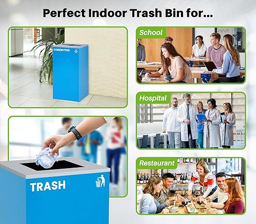 Alpine Commercial Indoor Recycle Bin with Lid - 29 Gallon Blue Recycle Bin Recycle Trash Can Office Recycling Bins, Metal Recycling Container with Stickers & 3 Optional Lids Sold Separately-DeskLoop Office