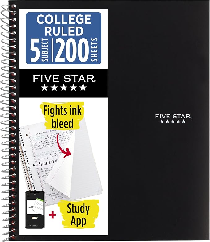 Five Star Spiral Notebook + Study App, 5 Subject, College Ruled Paper, 8-1/2" x by FiveStar