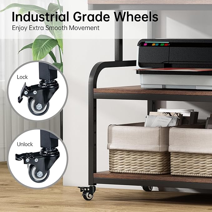 32.3" Wide Extra Large Printer Stand, 3 Tier Printer Table with Adjustable Storage Shelf, Rolling Printer Cart with Industrial Wheels for Home Office, Rustic Brown-DeskLoop Office