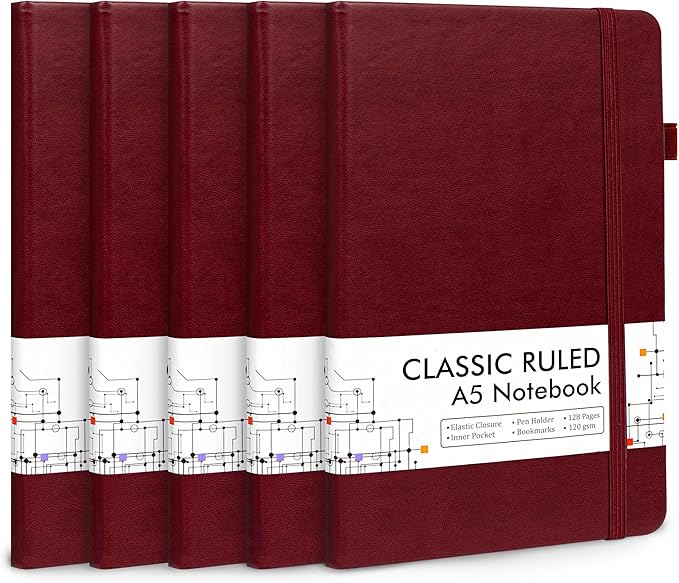 feela 5 Pack Journal Notebook Bulk for School, Hardcover Business Notebooks Classic Ruled Lined Journals with Pen Holder for Work Note Taking, with 5 Black Pens, 120 GSM, 5.1”x8.3”, A5, Wine-DeskLoop Office