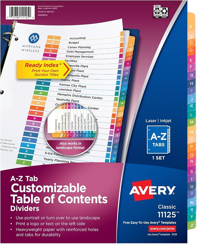 Avery A-Z Dividers for 3 Ring Binders, 26 Tabs per Set, Customizable Table of by Avery