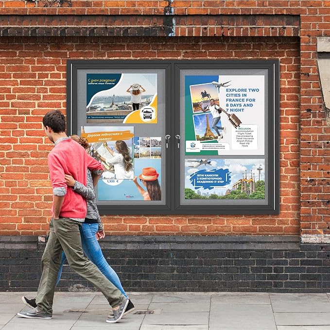 Enclosed Bulletin Board Lockable,Double-Door Weatherproof Outdoor Noticeboard with Locking Door, Wall-Mounted Aluminum Framed Presentation Board, 44x32 Inch (8xA4)-DeskLoop Office