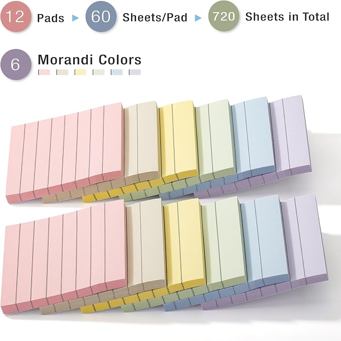Mr. Pen- Lined Sticky Notes, 12 Pads, 60 Sheets/Pad, Morandi Color | Bulk - Image 2