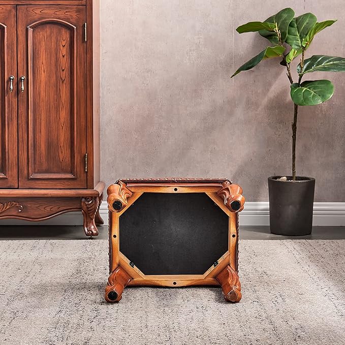 Foot Stool Ottoman Foot Rest Microfiber Leather Upholstered Footstool for Sofa, Living Room, Entryway, Solid Wood Stool (Light Brown)-DeskLoop Office