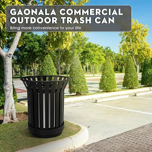 27.6IN Round Large Outdoor Trash Can, Heavy Duty Metal Slatted Garbage Can Outdoor, All Weather Resistant Commercial Garbage Cans, Waste Receptacle in Park, School, Beach, Patio Black-DeskLoop Office