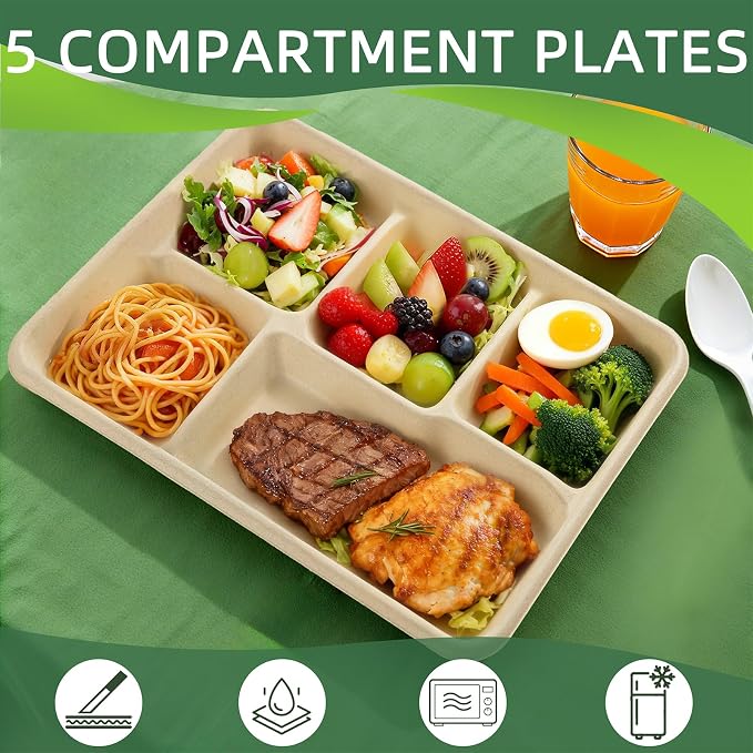 WELLIFE 100% Compostable 5 Compartment Paper Plates, 100 Pack Disposable School - Image 3