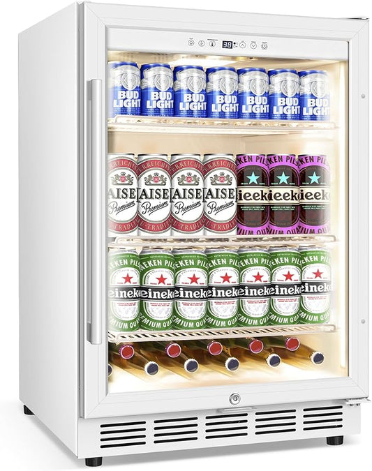 Beverage Refrigerator 24 Inch Drink Fridge, Beer Fridge, 150 Cans Beverage Cooler, Under Counter Refrigerator, Drink Cooler Undercounter Outdoor Refrigerators, Single Glass Door Bar Fridge-DeskLoop Office