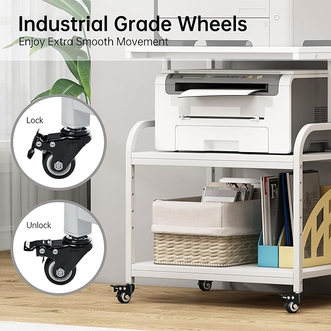 White Printer Stand, 23.6 x18.9 x 30 Inches Big Size Printer Table with Adjustable Shelf, 3 Tier Rolling Printer Cart with Wheels for Home Office Storage and Organization-DeskLoop Office