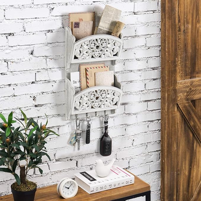 Mail Organizer with Key Holder, 2-Slot Mail Holder with 4 Key Hooks - Image 4
