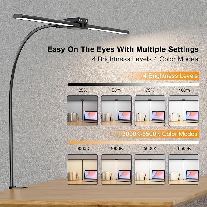 24W Led Desk Lamps with Clamp for Office Home, 31.5-in Double Head, Dimmable 4 - Image 4