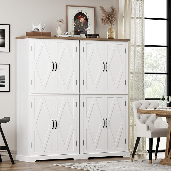 HOSTACK 64" Tall Pantry Cabinet, Modern Farmhouse Kitchen Pantry, Wood Bathroom Storage Cabinet, Large Bookcase, 4 Doors|Adjustable Shelves, for Dining Room, Living Room, Home Office, White-DeskLoop Office