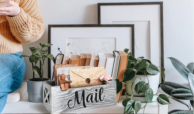 Mail Organizer Holder Countertop, Rustic Wood Mail Basket Storage Tray Letter - Image 2