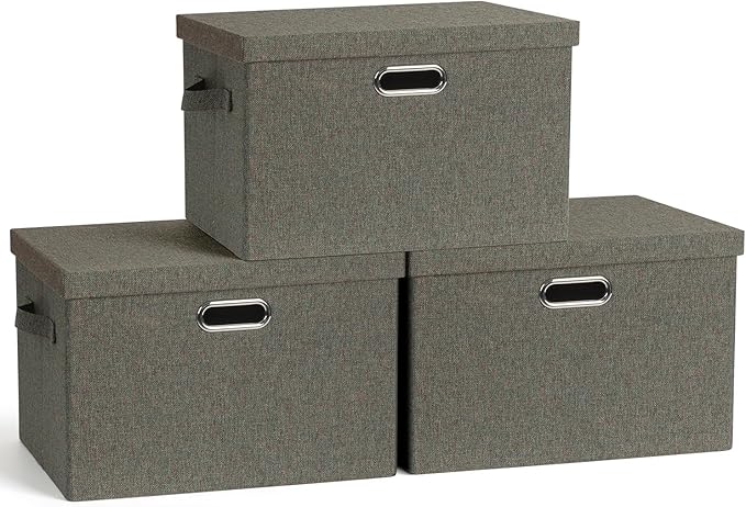 Large 17" 36 Quart Collapsible Stackable Storage Bins with Lids, 3 Packs Dark green Foldable Fabric Closet Storage Boxes with Lids, Heavy-duty Linen Cube Baskets(17x12x11)-DeskLoop Office