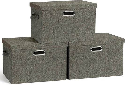 Large 17" 36 Quart Collapsible Stackable Storage Bins with Lids, 3 Packs Dark green Foldable Fabric Closet Storage Boxes with Lids, Heavy-duty Linen Cube Baskets(17x12x11)-DeskLoop Office