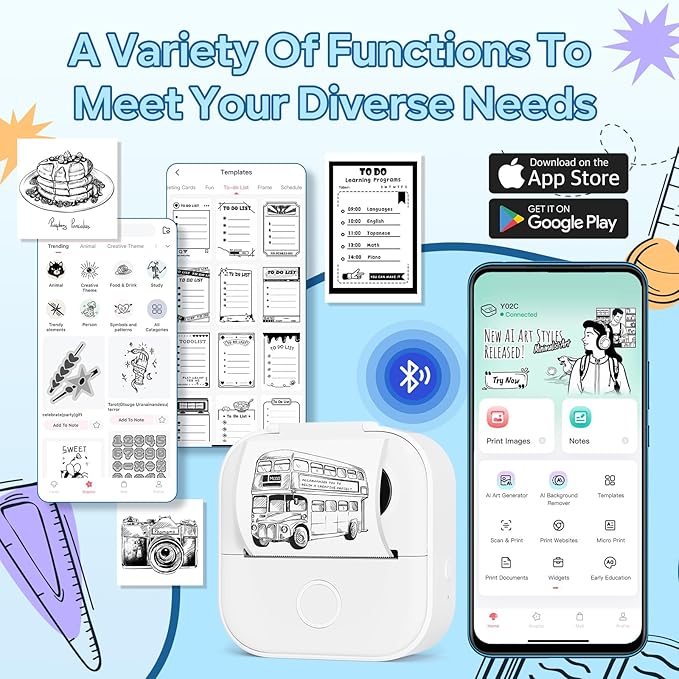 Print Pods Mini Printer, Sticker Maker Machine Y02C, Mini Portable Printer with 1 Roll Paper, Bluetooth Inkless Receipt for Phone, Thermal Portable Maker for Journal, Note, Photos, Learning-DeskLoop Office