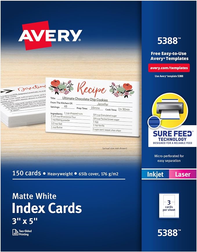Avery Printable Index Cards, Sure Feed Technology, Matte White, Laser & Inkjet by Avery