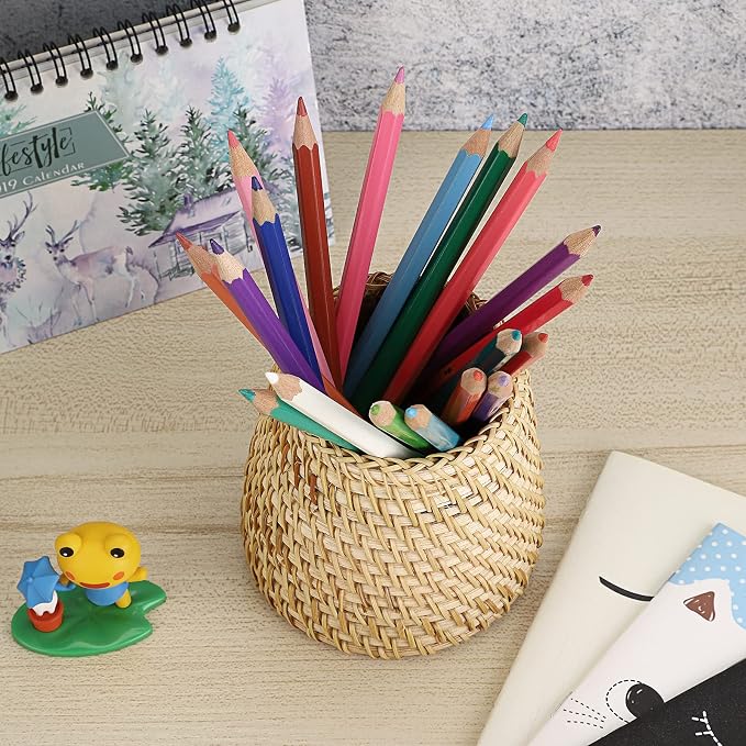 BTSKY Rattan Pen Cup, Handmade Desk Pencil Holders Makeup Brush Holder - Image 2