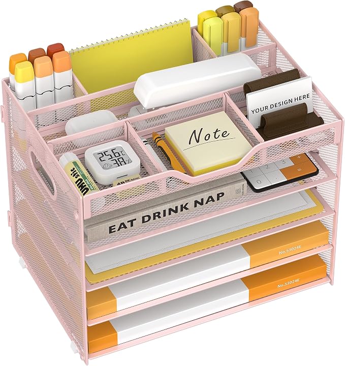 5 Tier Paper Letter Tray with 3 Drop-in Pen Holders, Mesh Desk File Organizer by OrgMate