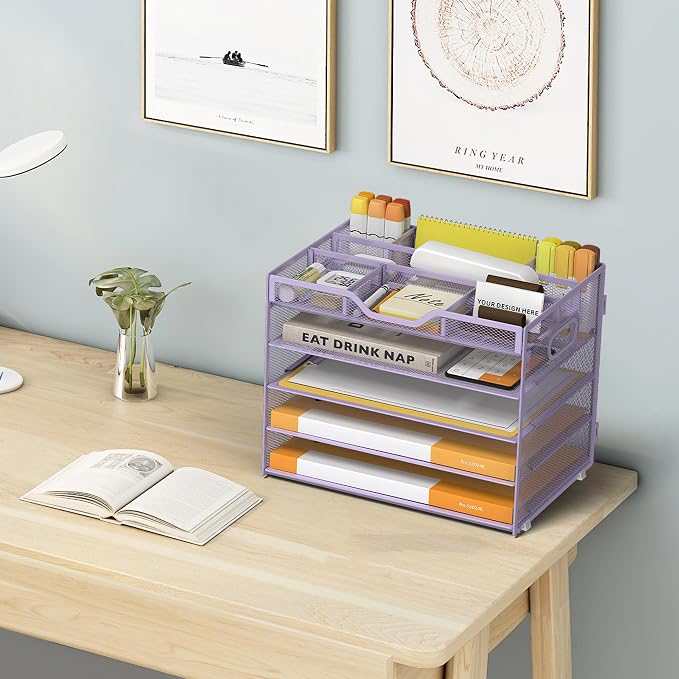 5 Tier Paper Letter Tray with 3 Drop-in Pen Holders, Mesh Desk File Organizer - Image 6