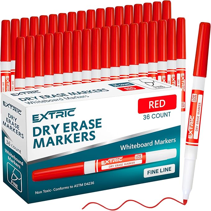 EXTRIC Red Dry Erase Markers Fine Tip 36 PK Whiteboard Markers | Use: School by EXTRIC