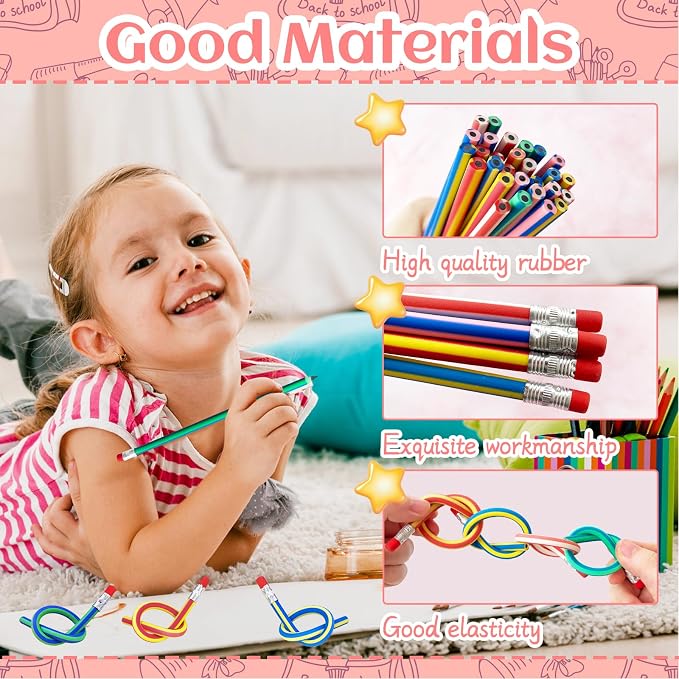 50 Pack Flexible Bendy Pencil, Colorful Stripe Soft Rubber Pencils - Image 3