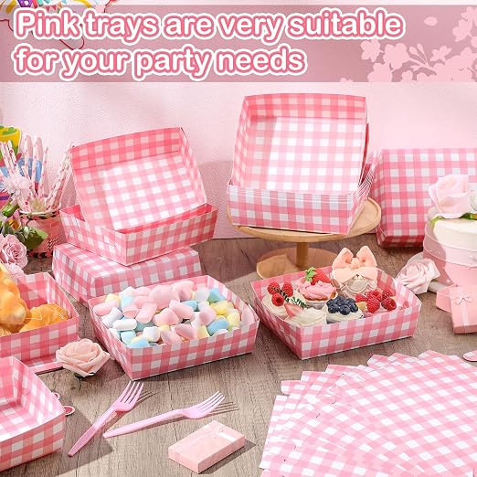 Suclain 36 Pack Light Pink and White Gingham Paper Trays 5 lb Grease Resistant - Image 2