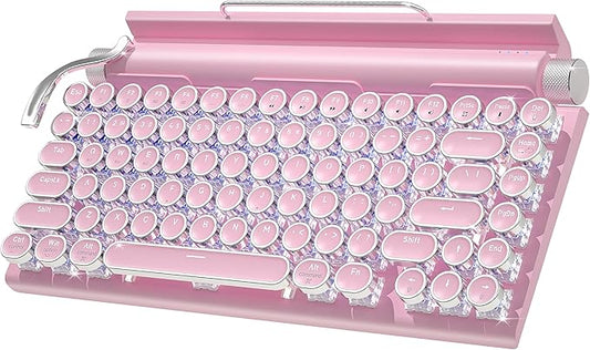 Retro Typewriter Wireless Mechanical Gaming Keyboard, Bluetooth 5.0 Office Computer Vintage Keyboards 83-Key Blue Switches Punk Round Keycap, LED Backlight, Compatible with PC/Laptop/Pad/Phone, Pink-DeskLoop Office