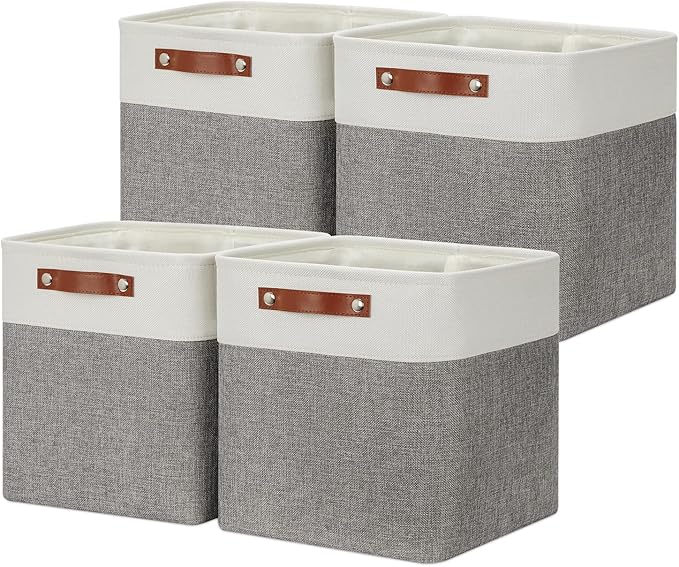 DULLEMELO [Set of 4 Storage Cubes Baskets for Organizing, 12 x 12 x 12 inch Cube Storage Organizer Bins with Leather Handles, Foldable Fabric Cloth Bins for Cube Storage(4 Pack - 12" White&Grey)-DeskLoop Office
