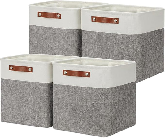DULLEMELO [Set of 4 Storage Cubes Baskets for Organizing, 12 x 12 x 12 inch Cube Storage Organizer Bins with Leather Handles, Foldable Fabric Cloth Bins for Cube Storage(4 Pack - 12" White&Grey)-DeskLoop Office