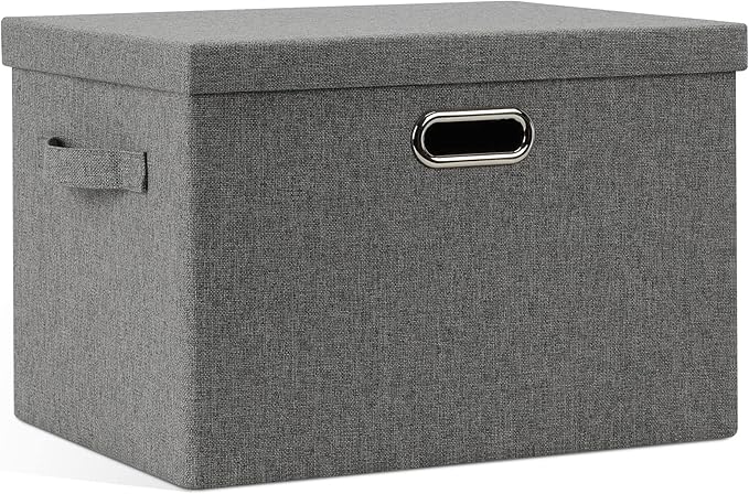 Large 17" 36 Quart Collapsible Stackable Storage Bins with Lids, 1 Pack Grey Foldable Fabric Closet Storage Boxes with Lids, 4 Handles Heavy-duty Linen Cube Baskets for Bedroom-DeskLoop Office