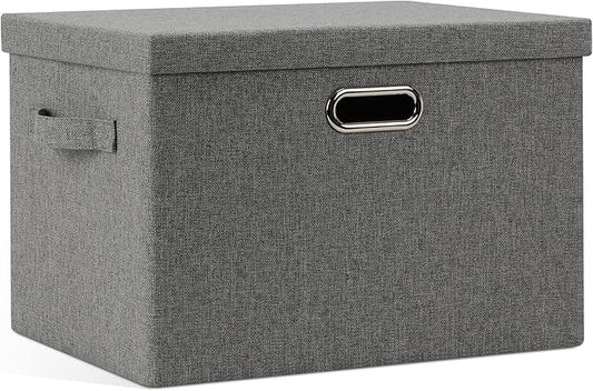 Large 17" 36 Quart Collapsible Stackable Storage Bins with Lids, 1 Pack Grey Foldable Fabric Closet Storage Boxes with Lids, 4 Handles Heavy-duty Linen Cube Baskets for Bedroom-DeskLoop Office