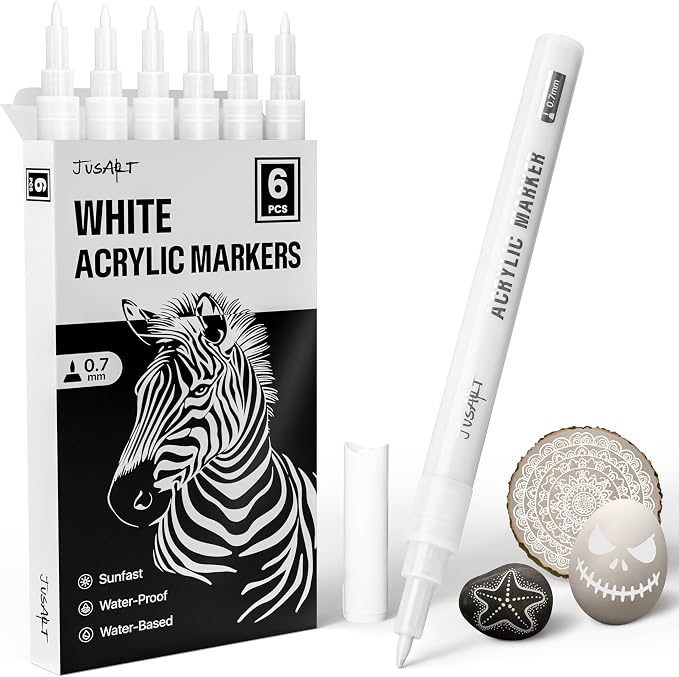 JusArt 6 Pack White Permanent Markers, 0.7mm Fine Point White Acrylic Markers by JusArt%7CCreativeArtSupplies