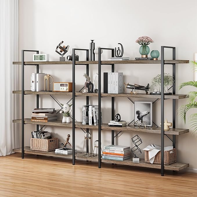 Heavy Duty 4-Tier Industrial Bookcase, 47" Wide Wood Bookshelf for Home Office, 120lbs Shelf Capacity, Rustic Shelving Display with Reinforced Horizontal Shelf for Living Room Bedroom,Grey-DeskLoop Office