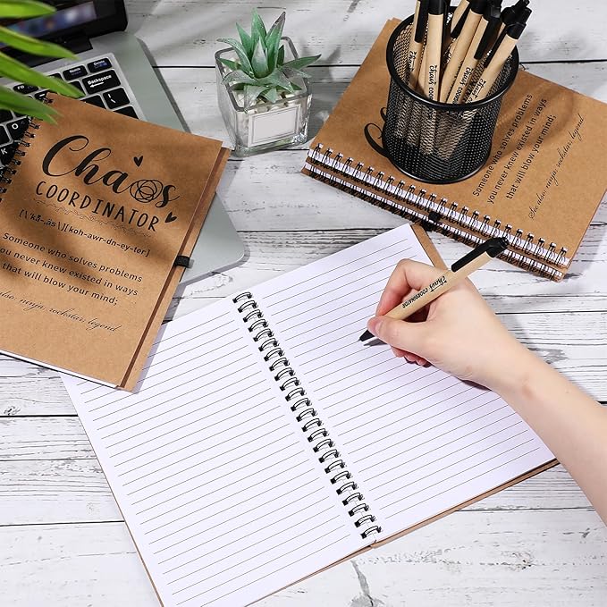 Nezyo 10 Sets Chaos Coordinator Gifts Employee Appreciation Week Notebook with Ballpoint Pen Spiral Notebook Teacher Appreciation Gifts Bulk for Women Men Journals Thank You Cowerker (Brown)-DeskLoop Office