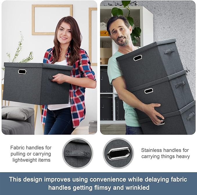 Large 17" 36 Quart Collapsible Stackable Storage Bins with Lids, 3 Packs Dark Gray Foldable Fabric Closet Storage Boxes with Lids, Heavy-duty Linen Cube Baskets(17x12x11)-DeskLoop Office