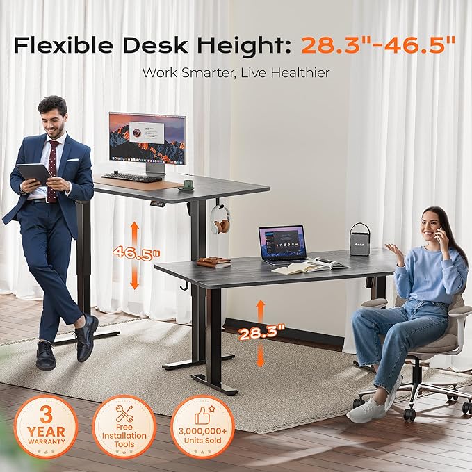 Huuger 63 x 28 Large Electric Standing Desk, Height Adjustable Computer Desk, 27.6" Deep Desktop, Stand up Gaming Office Table with 2 Hooks, 3 Preset Heights, for Home Office, Grey-DeskLoop Office