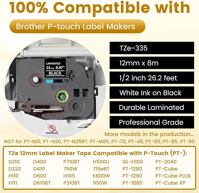 6-PK TZe-335 Replace for Brother Label Maker Tape 12mm 0.47 Black Laminated | - Image 2