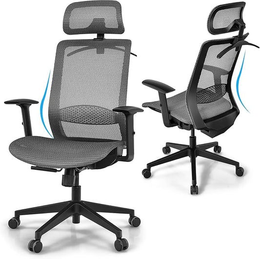 POWERSTONE Ergonomic Mesh Office Chair - High Back Computer Desk Tilt Lock Mesh Seat with Lumbar Support and Clothing Hanger, Executive Swivel Mesh Chair with Adjustable Arms and Headrest (Grey)-DeskLoop Office