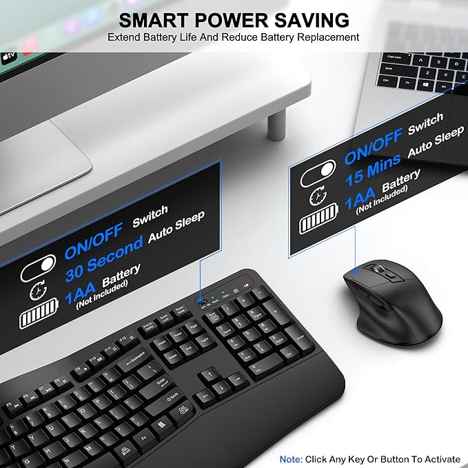 Wireless Keyboard and Mouse Combo, 2.4G Full Size Wave Keys Ergonomic Keyboard - Image 6